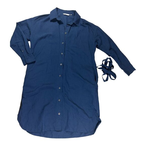 Uniqlo Navy Rayon Linen Minimalist Modest Relaxed Oversized Shirt Dress Sz XS - Picture 5 of 13